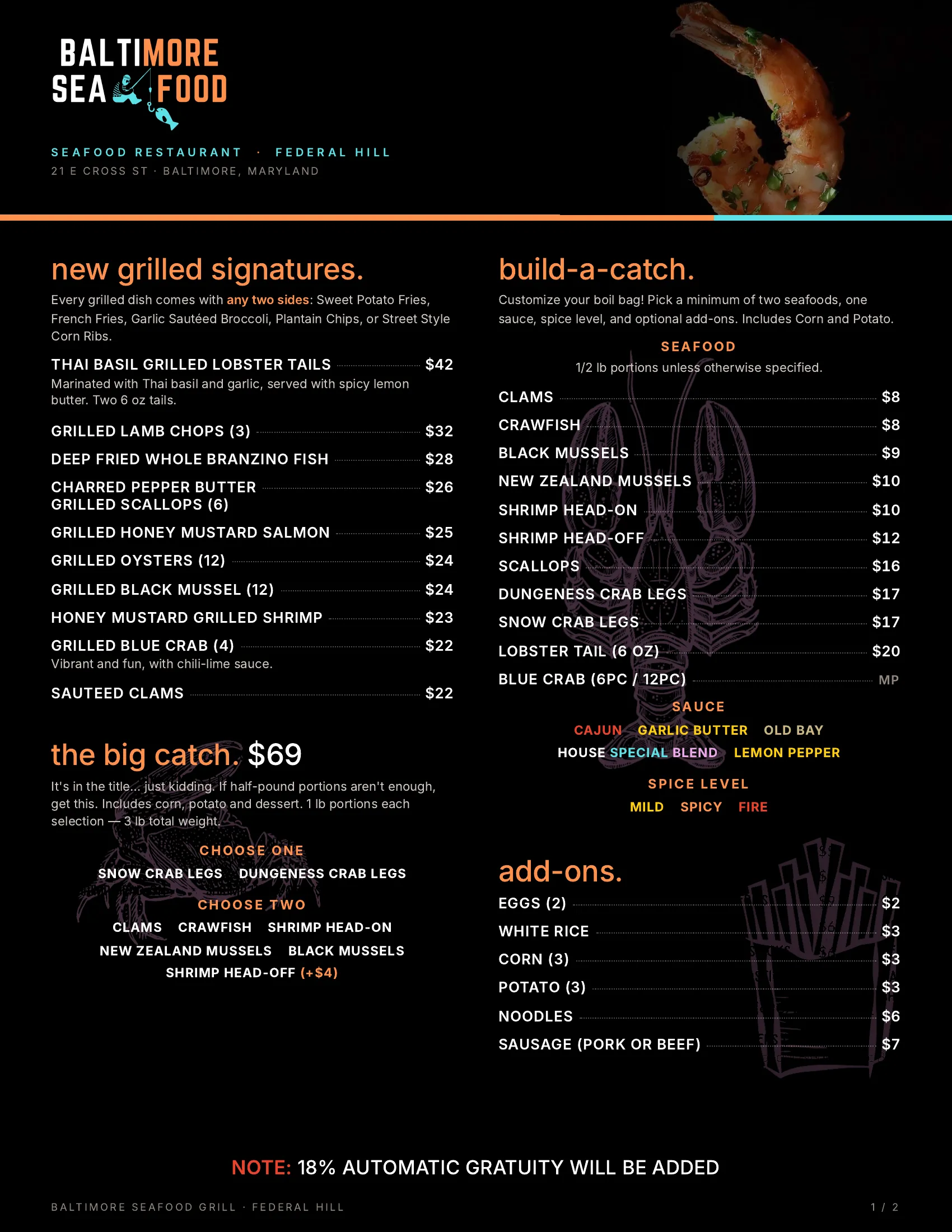 Page 1 of the Baltimore Seafood Grill menu — grilled signatures, The Big Catch, Build-A-Catch and add-ons. The same items and prices are listed as text above.