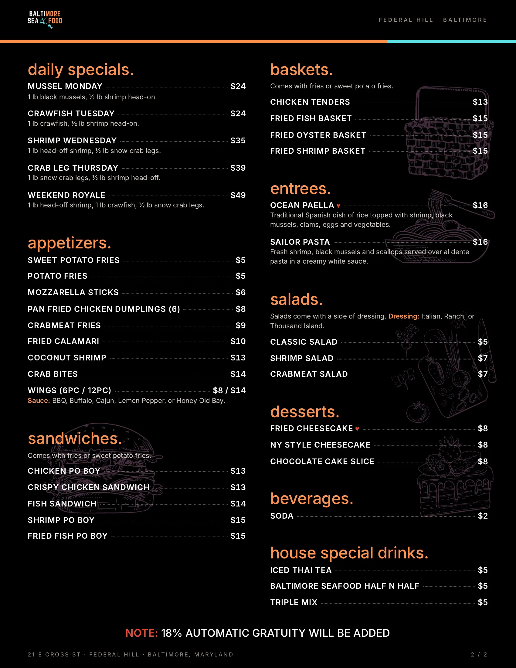 Page 2 of the Baltimore Seafood Grill menu — daily specials, appetizers, sandwiches, baskets, entrees, salads, desserts and drinks. The same items and prices are listed as text above.